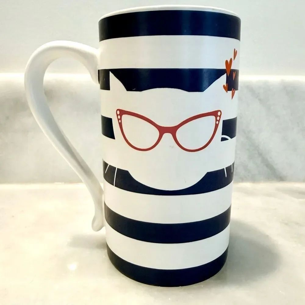 RARE Vintage Striped Cat Silhouette Print Meow Ceramic Coffee Mug Blue & White O
